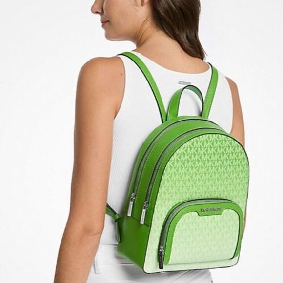 New Michael Kors Jaycee Medium Ombré Signature Logo Backpack Jungle Green - Picture 2 of 5